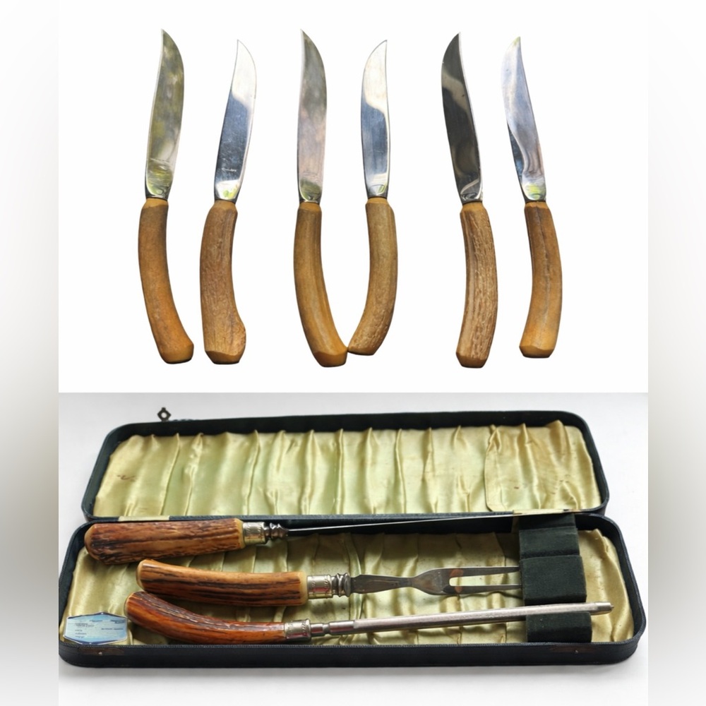 Vintage 1950s Stainless Steel Carving Set and six steak knives with Stag Handles